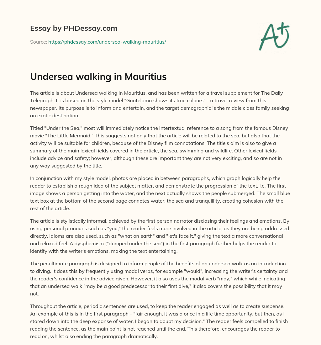 Undersea walking in Mauritius essay