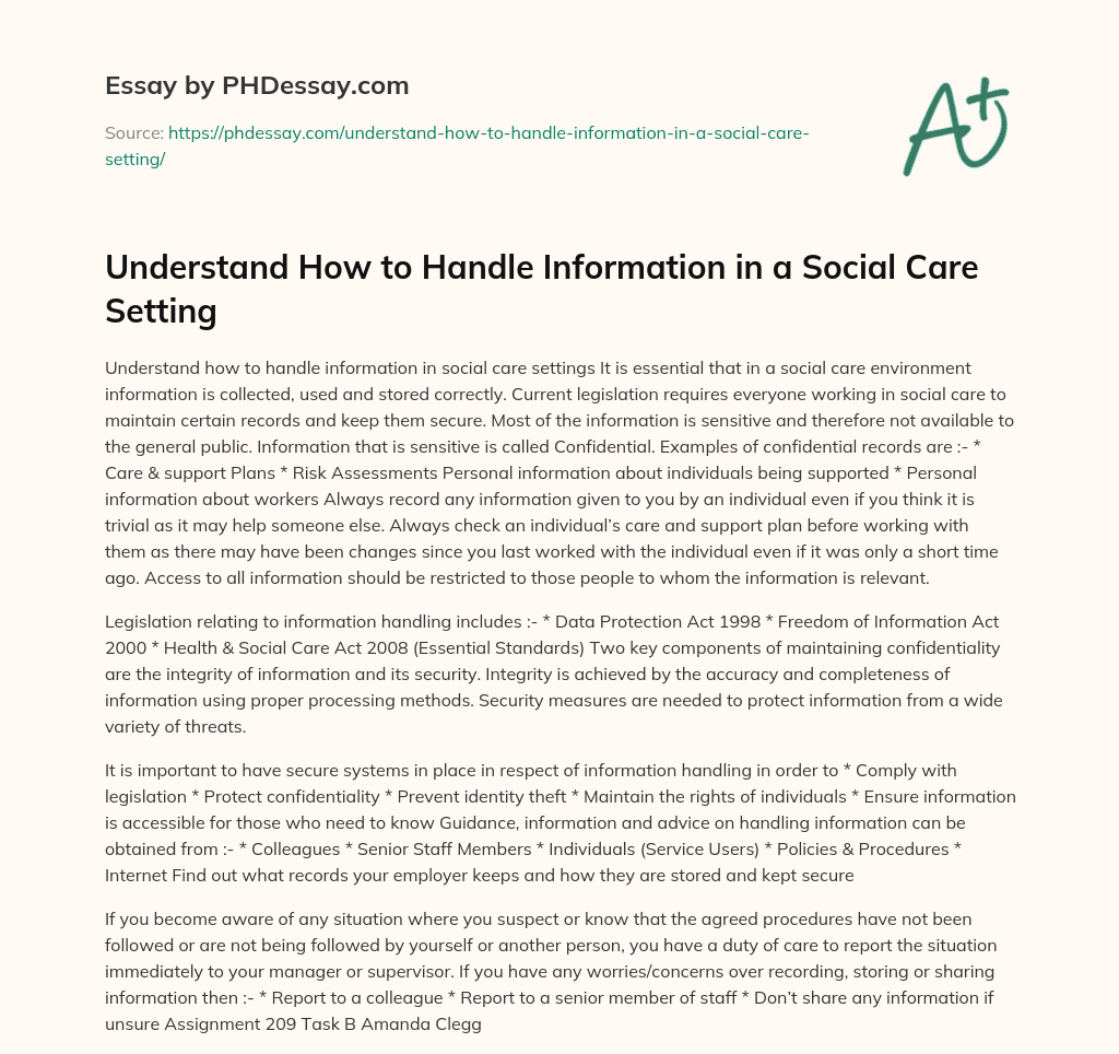 Understand How to Handle Information in a Social Care Setting essay