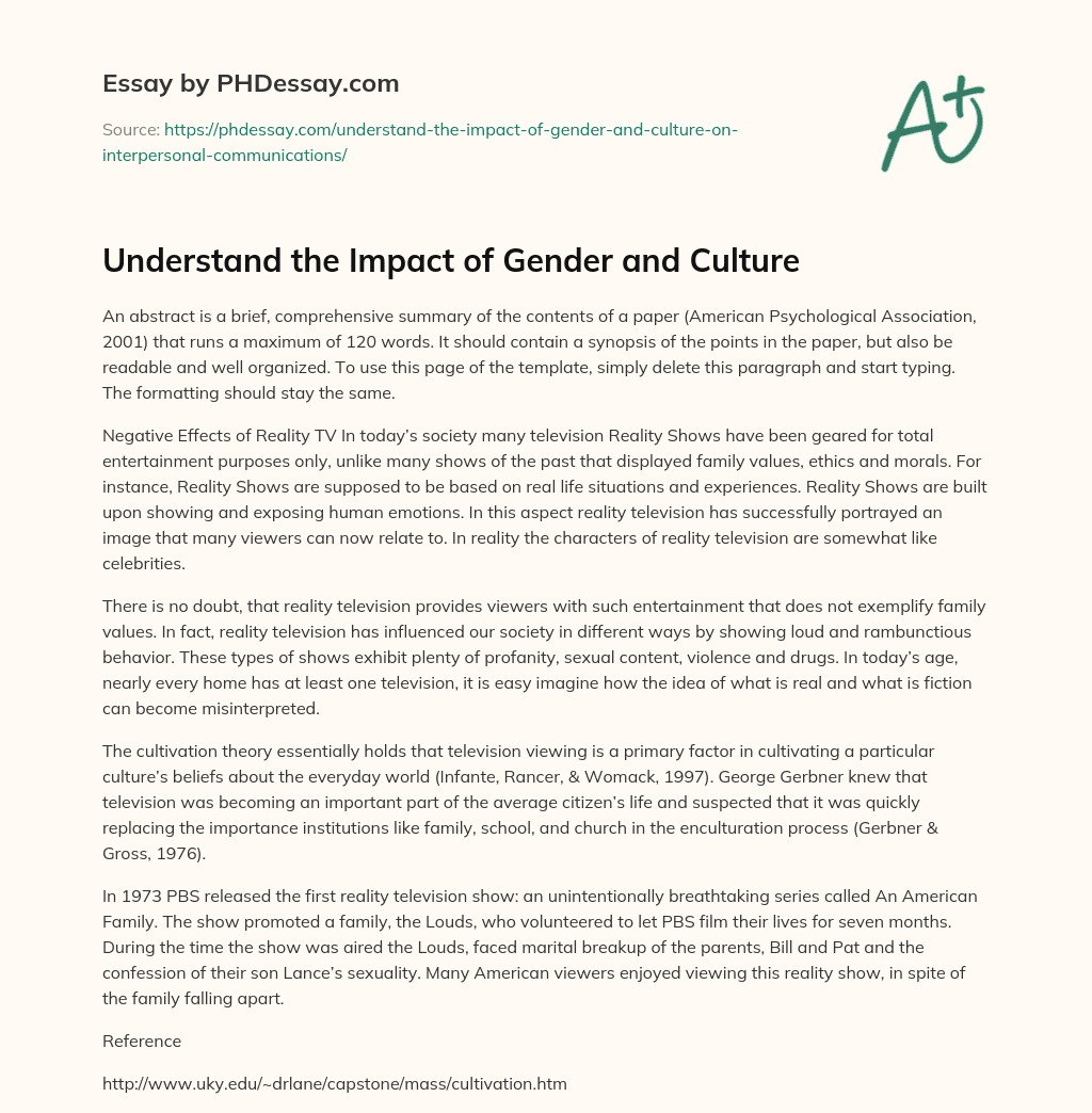Understand the Impact of Gender and Culture essay