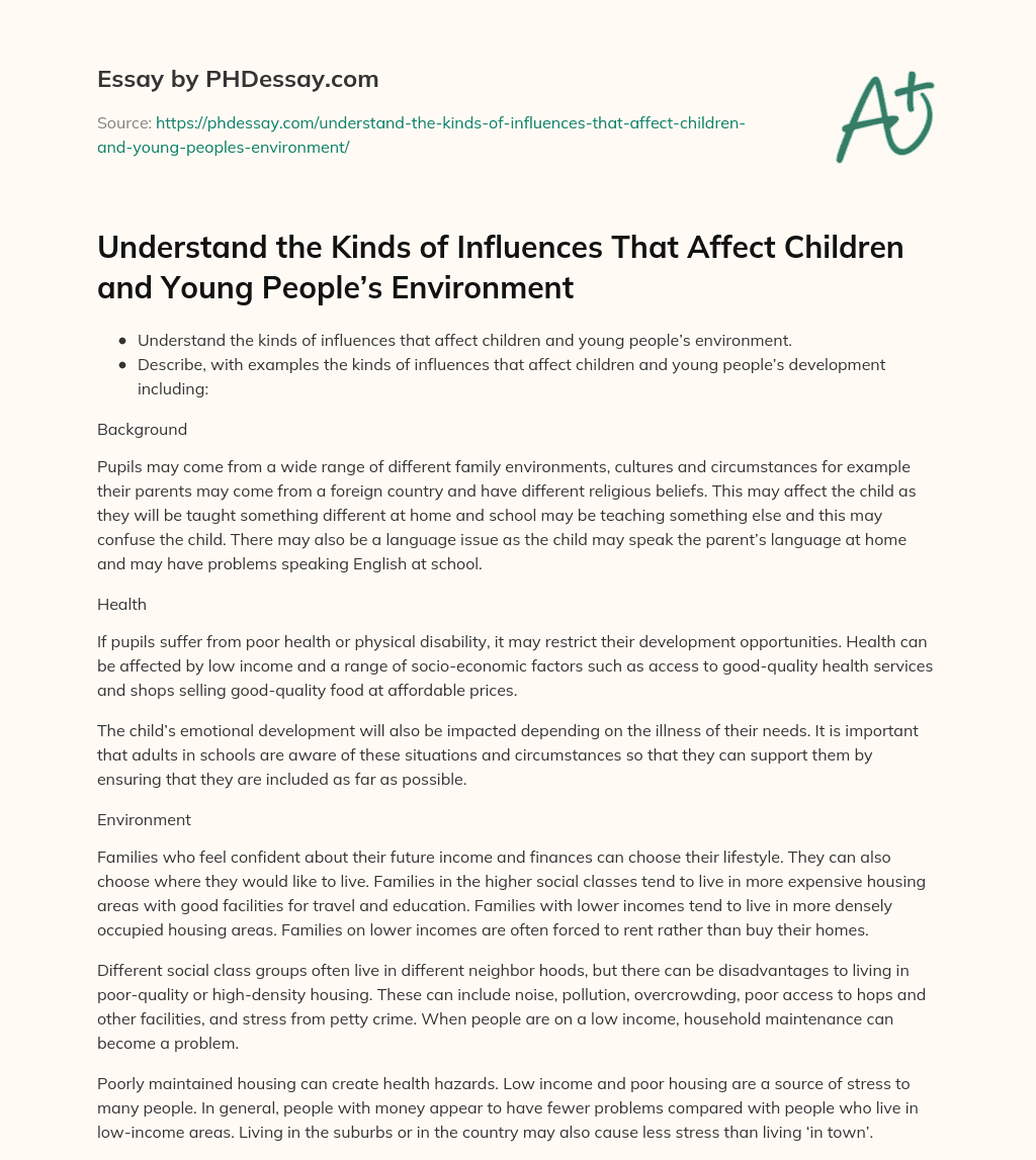 Understand the Kinds of Influences That Affect Children and Young People’s Environment essay