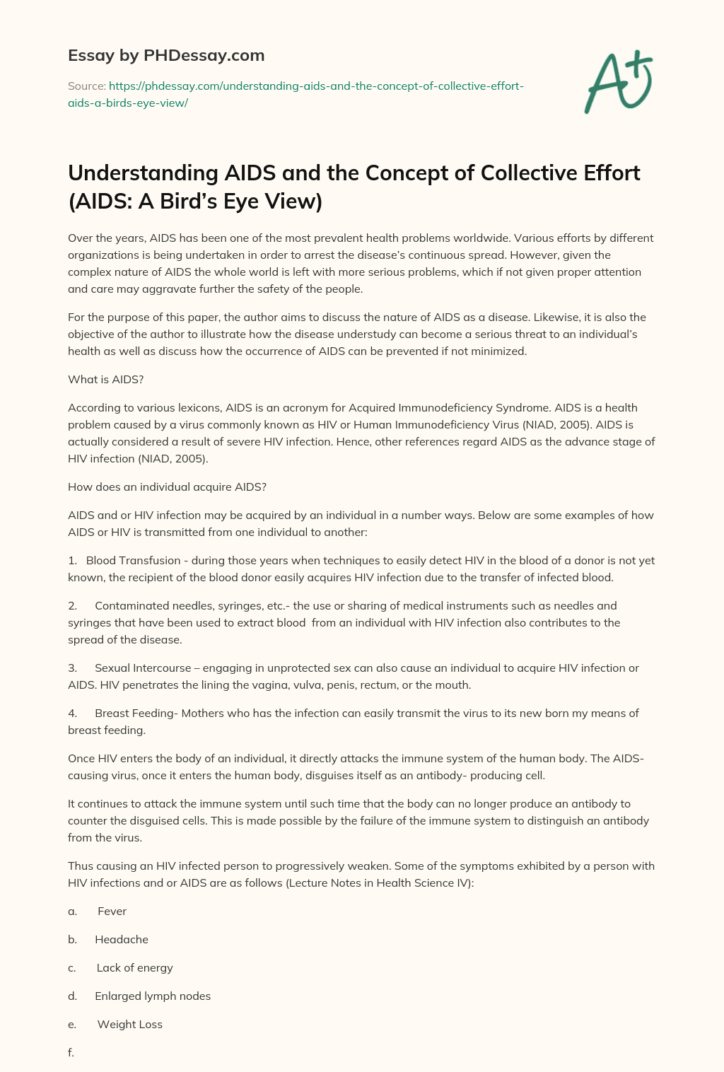 Understanding AIDS and the Concept of Collective Effort (AIDS: A Bird’s Eye View) essay