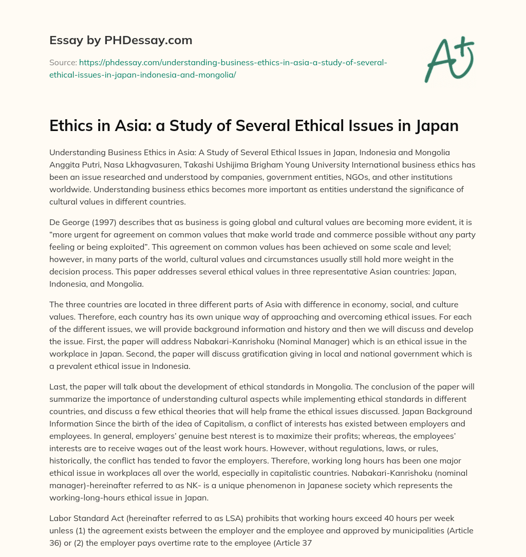 Ethics in Asia: a Study of Several Ethical Issues in Japan essay