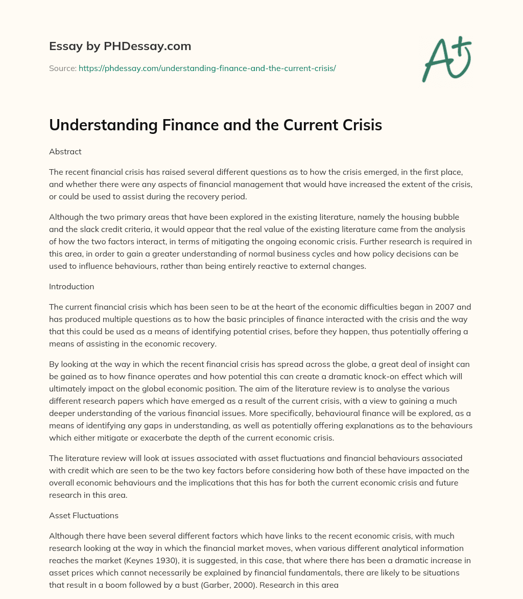 Understanding Finance and the Current Crisis essay