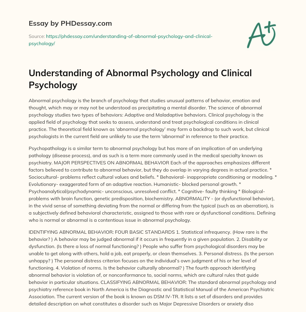 Understanding of Abnormal Psychology and Clinical Psychology essay