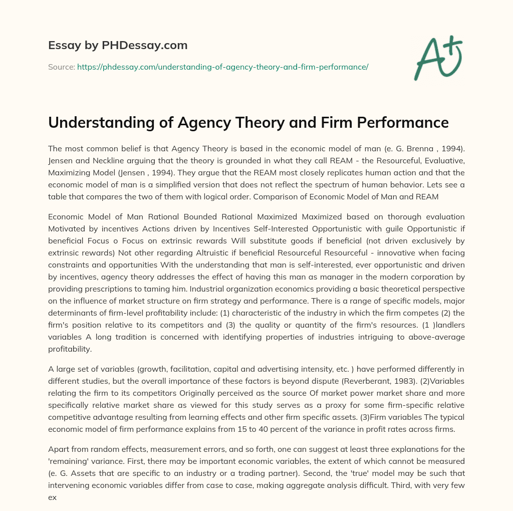 Understanding of Agency Theory and Firm Performance essay