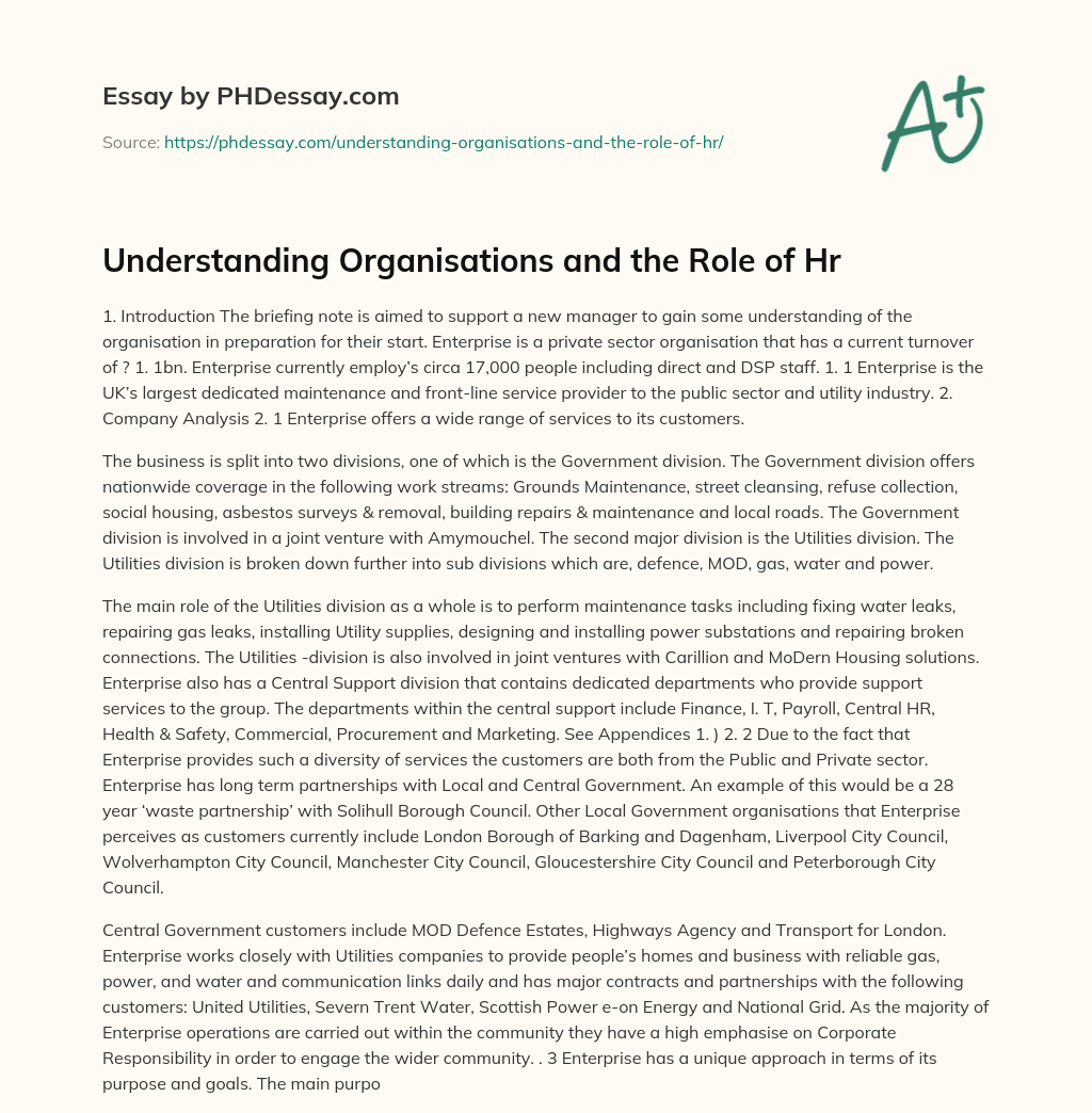Understanding Organisations and the Role of Hr essay