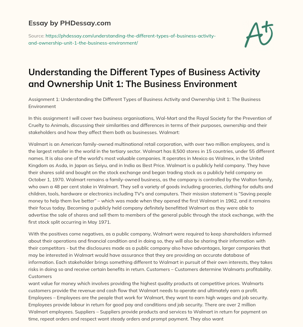 Understanding the Different Types of Business Activity and Ownership Unit 1: The Business Environment essay
