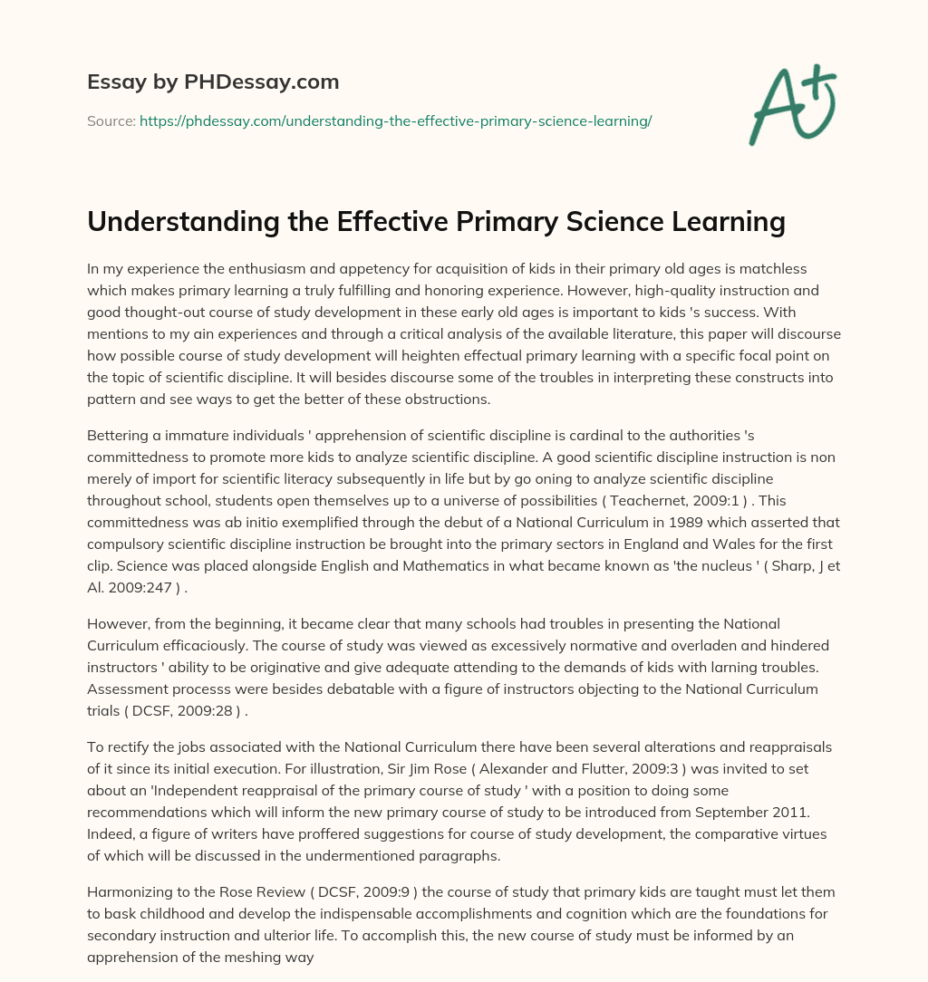 Understanding the Effective Primary Science Learning essay