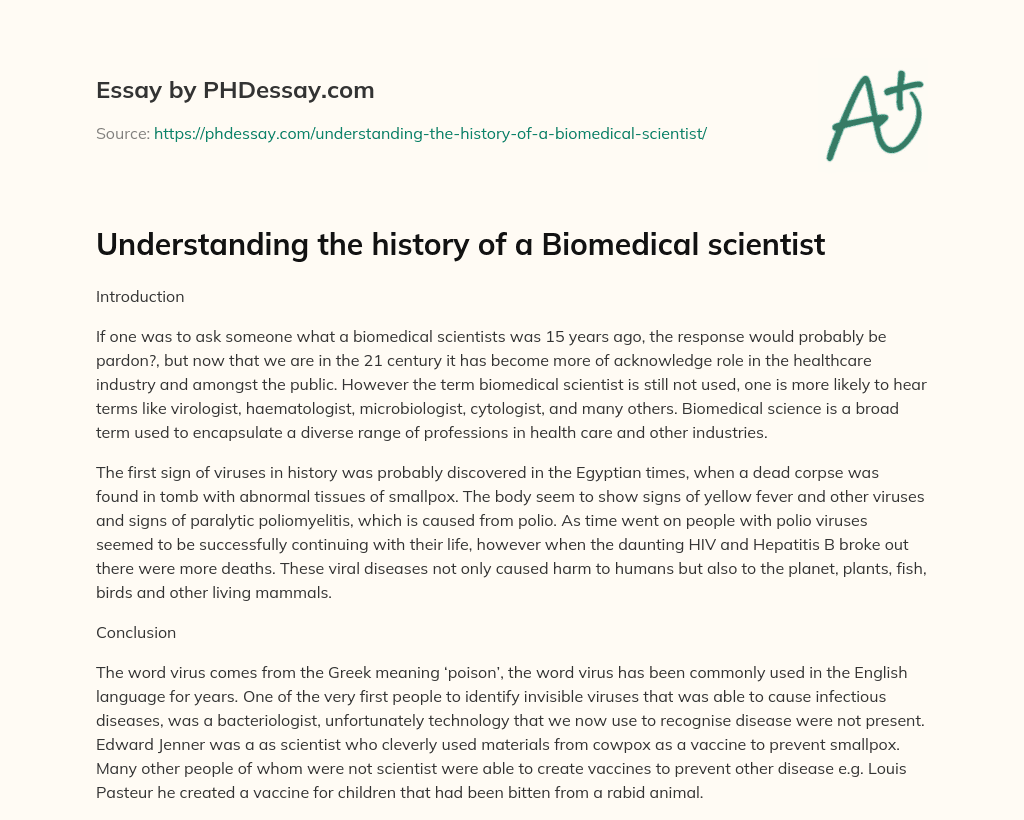 Understanding the history of a Biomedical scientist essay