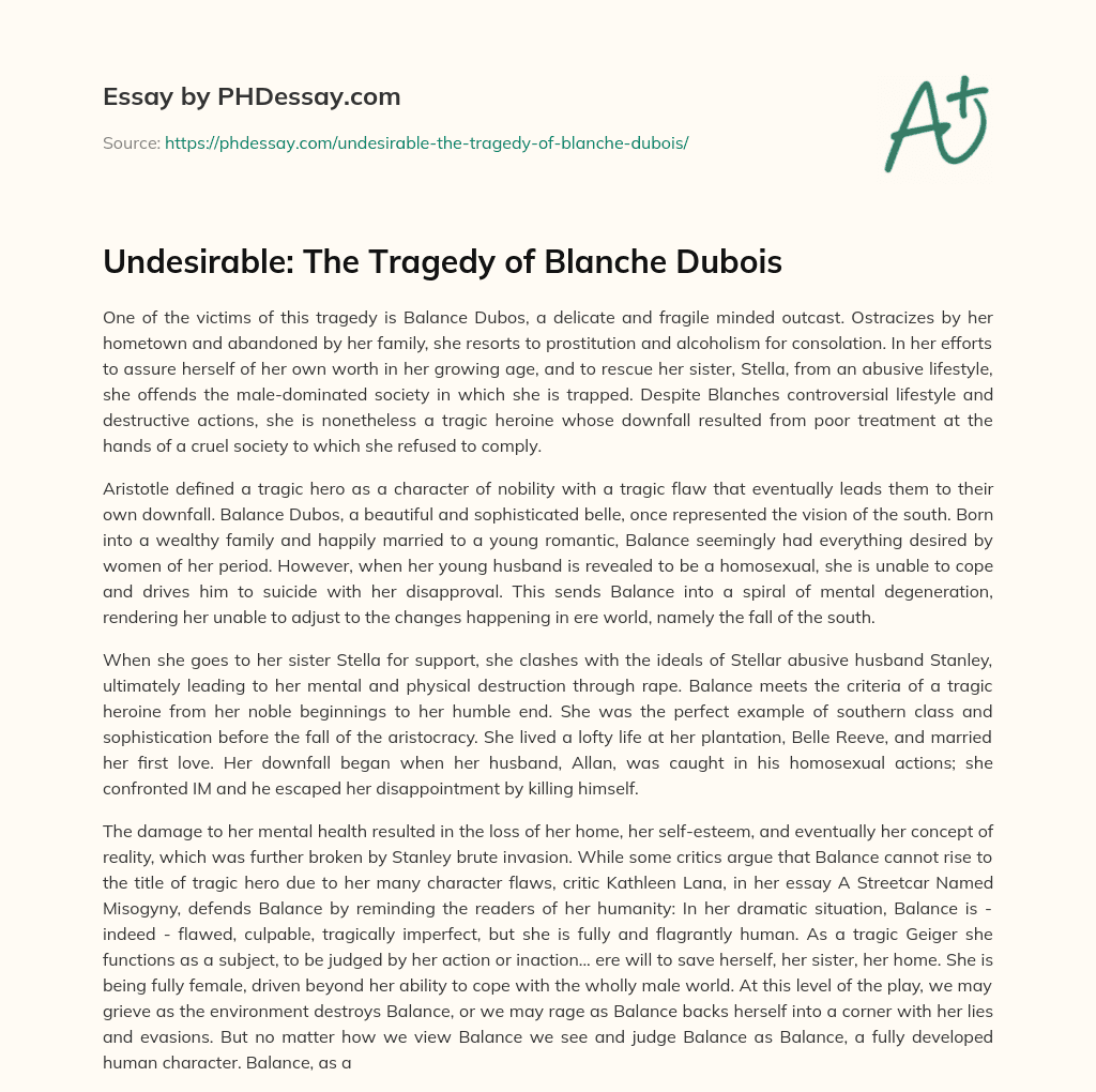 Undesirable: The Tragedy of Blanche Dubois essay