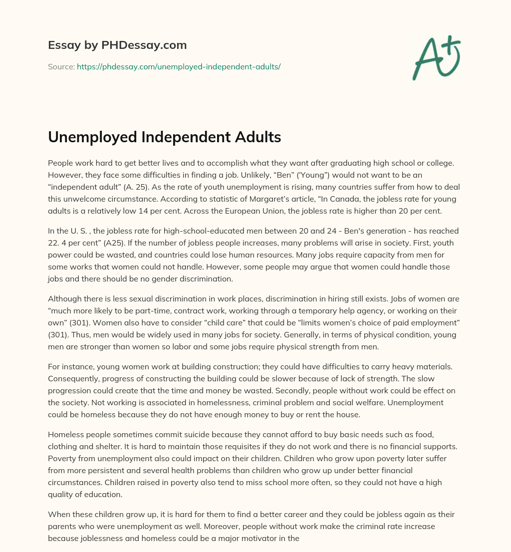 Unemployed Independent Adults essay