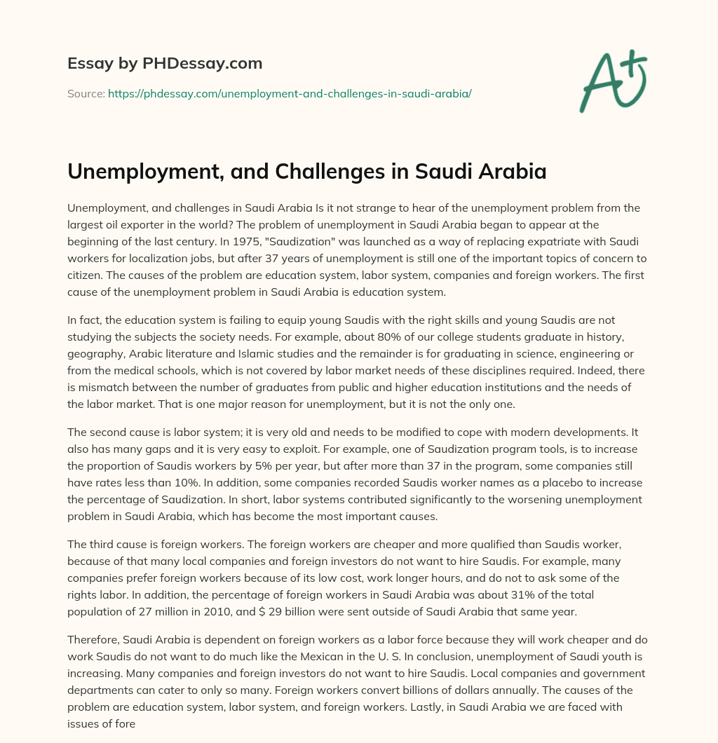 Unemployment, and Challenges in Saudi Arabia essay