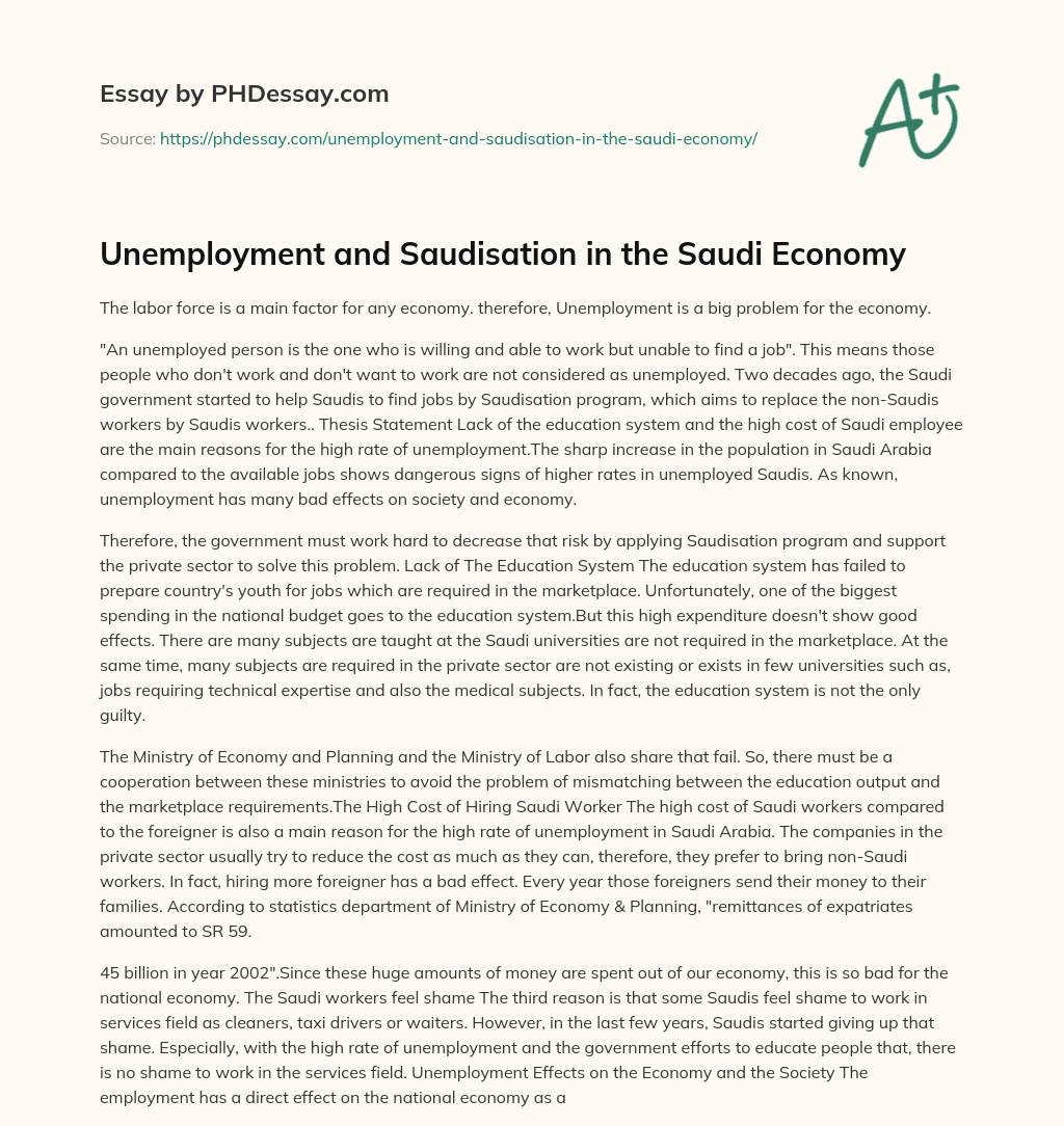 Unemployment and Saudisation in the Saudi Economy essay