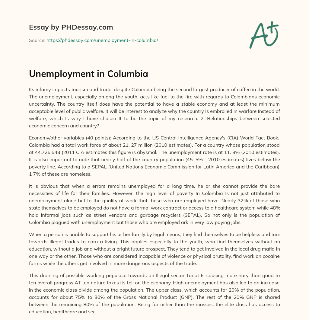 Unemployment in Columbia essay