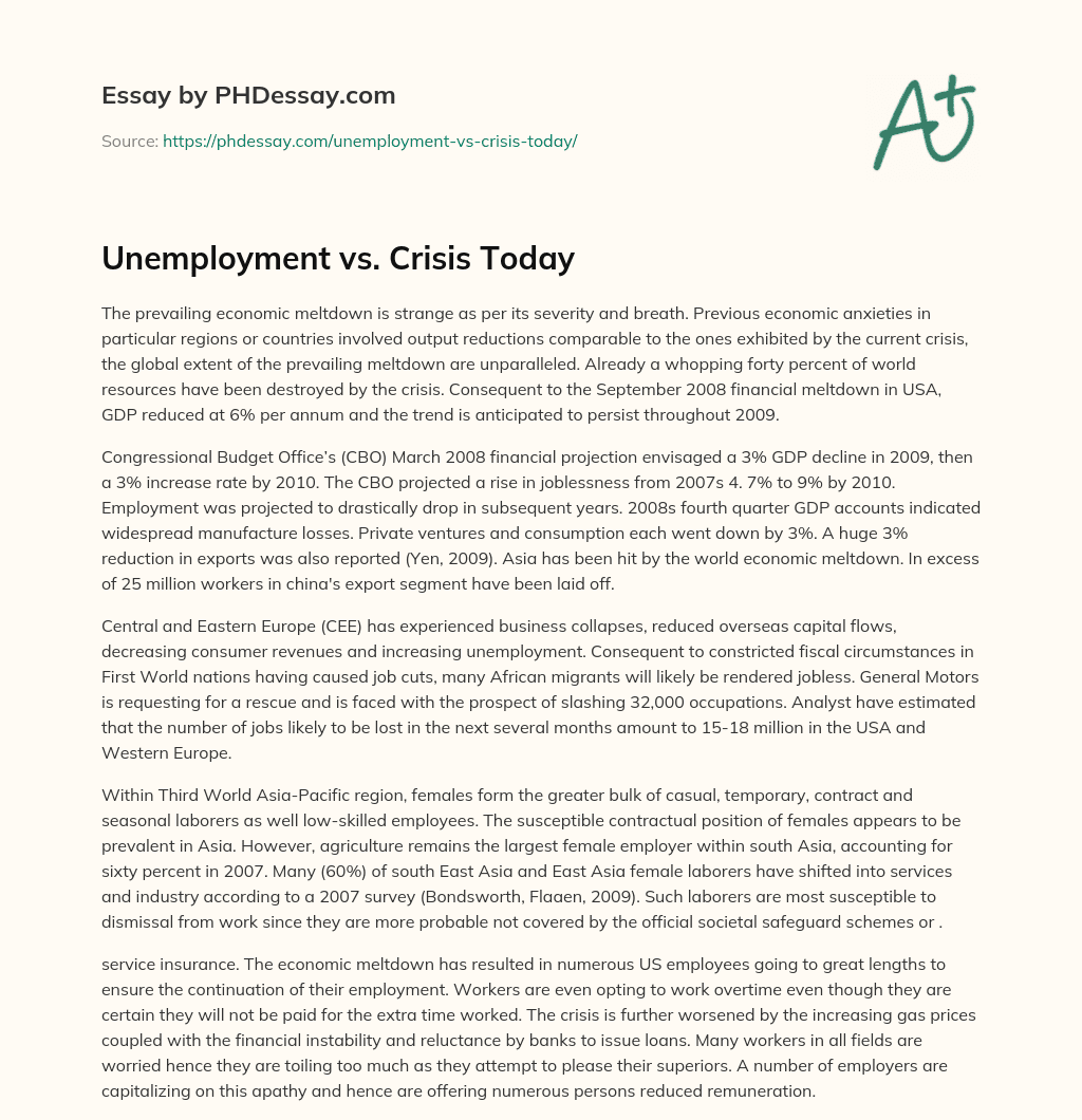 Unemployment vs. Crisis Today essay