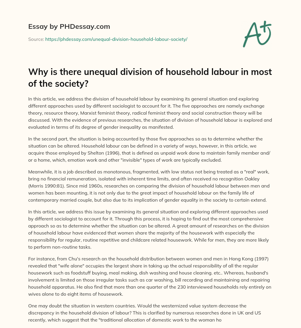 Why is there unequal division of household labour in most of the society? essay