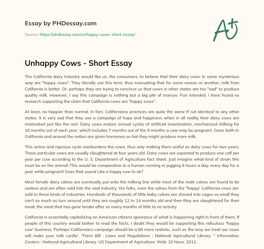 Unhappy Cows – Short Essay essay