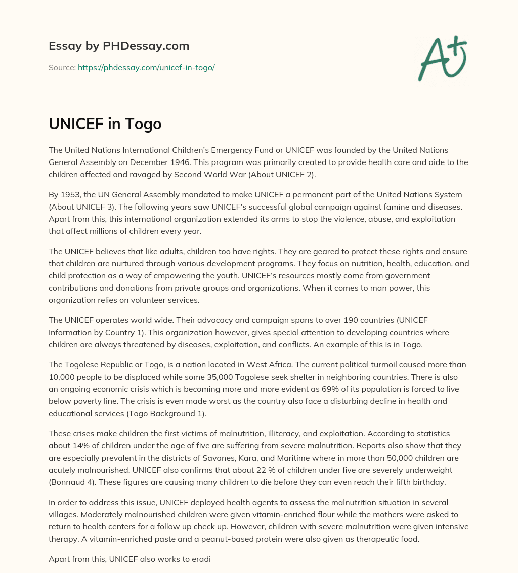 UNICEF: Protecting Children’s Rights and Empowering Youth Globally essay