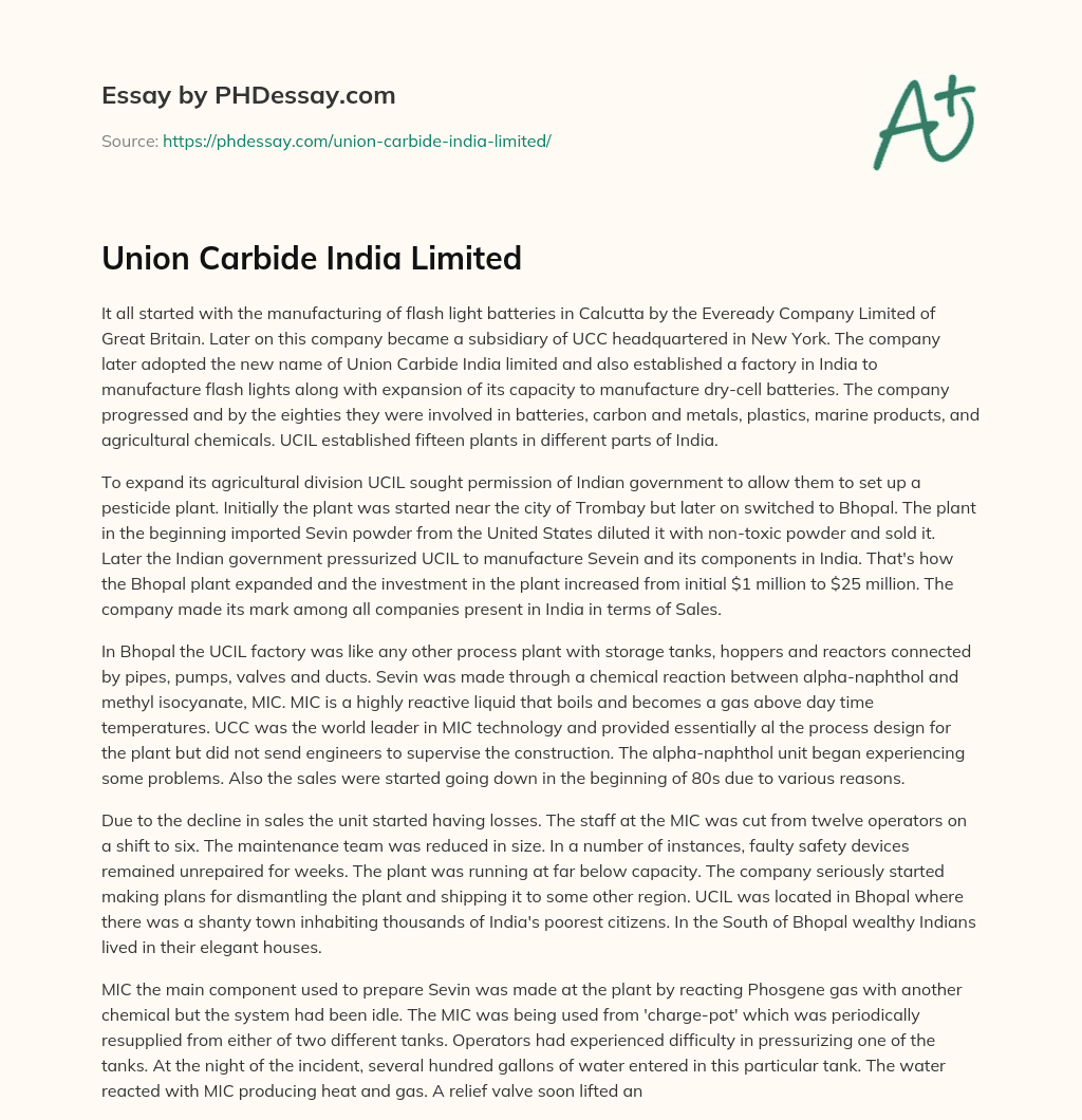 Union Carbide India Limited essay