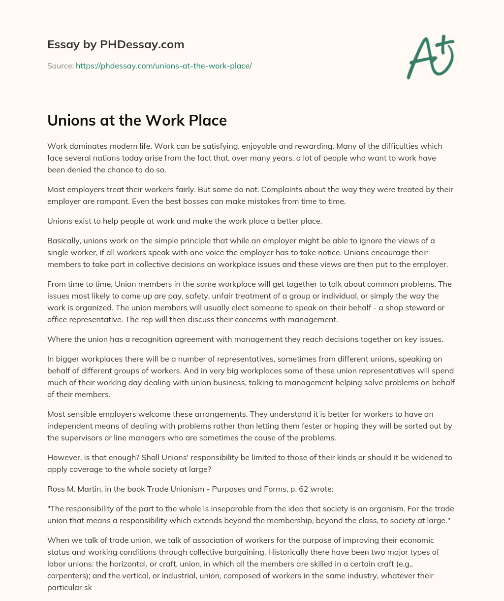 Unions at the Work Place essay
