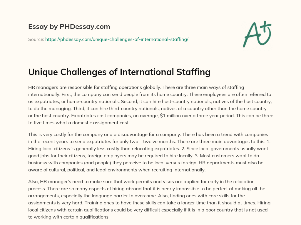 Unique Challenges of International Staffing essay
