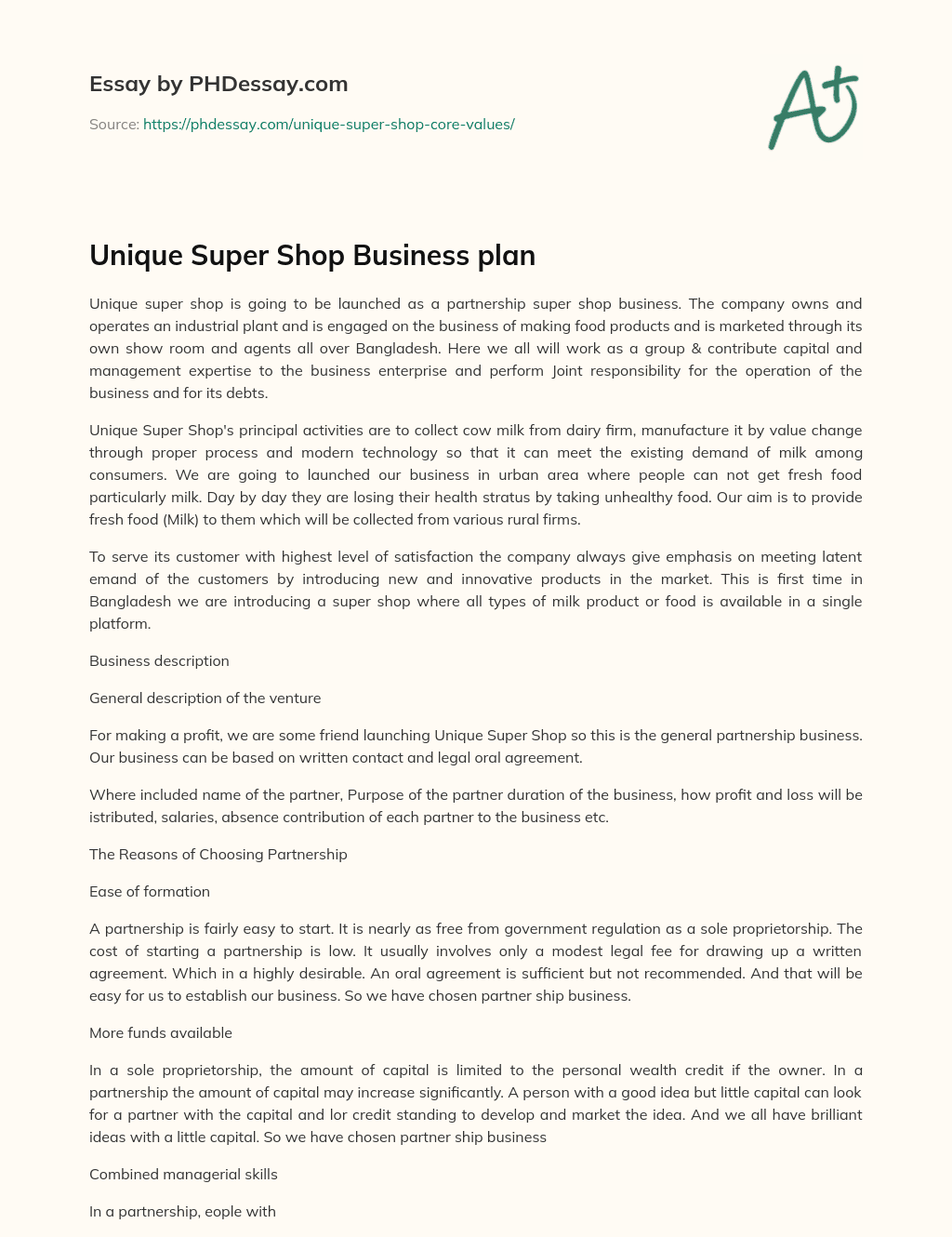 Unique Super Shop Business plan essay