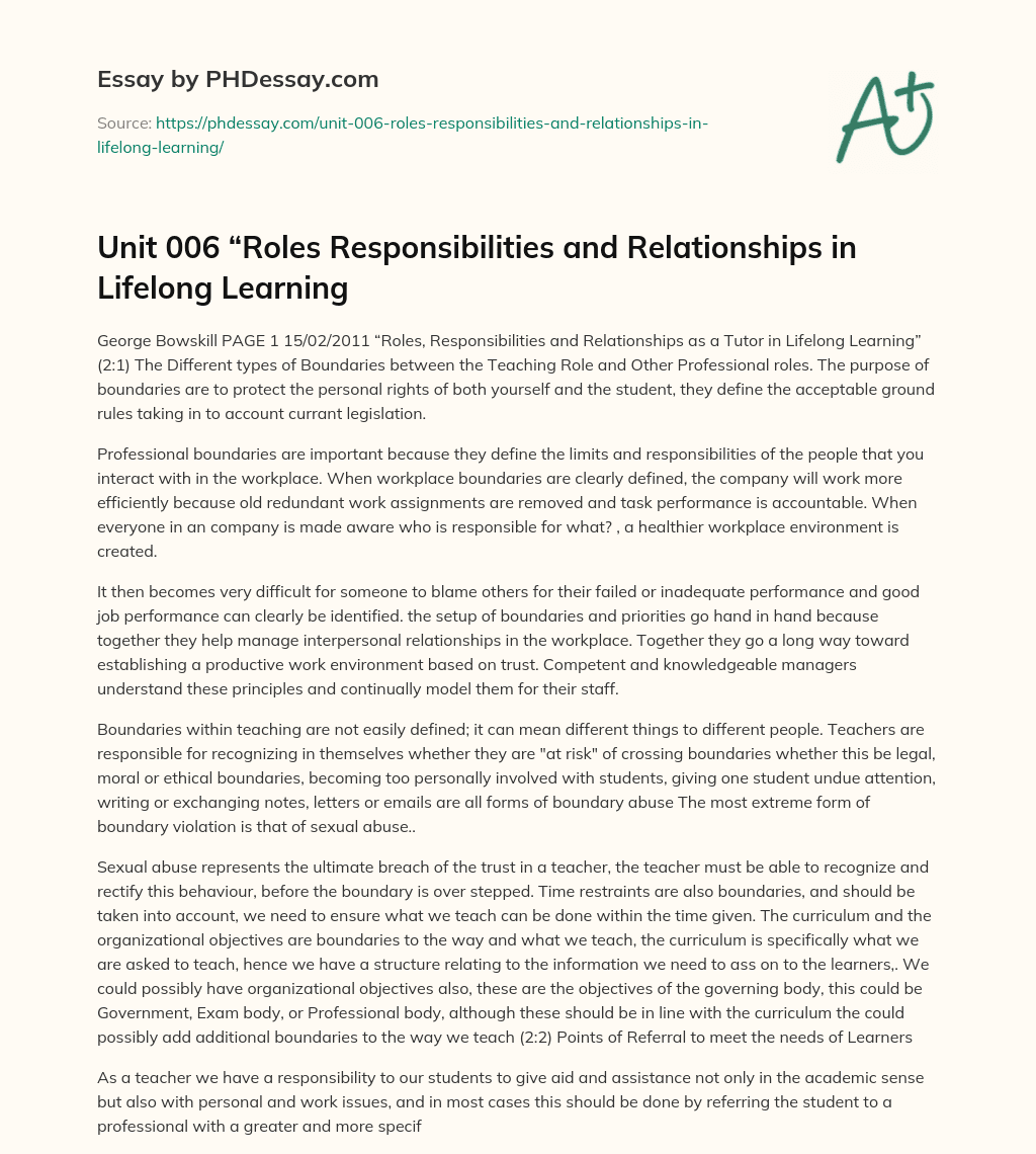 Unit 006 “Roles Responsibilities and Relationships in Lifelong Learning essay