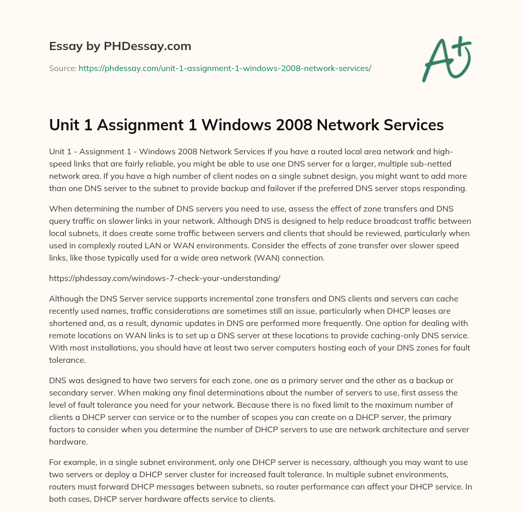 Unit 1 Assignment 1 Windows 2008 Network Services essay