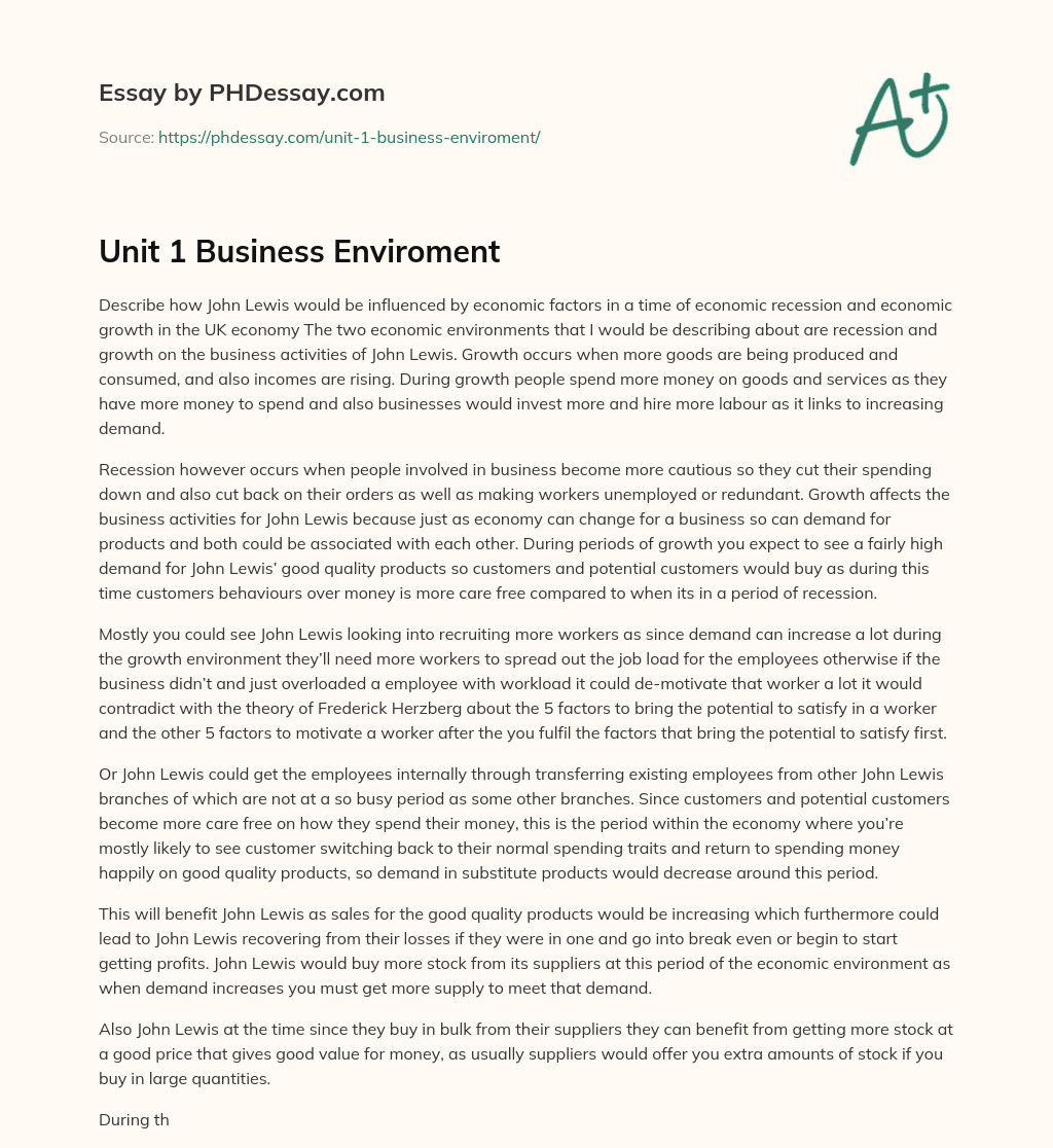 Unit 1 Business Enviroment essay