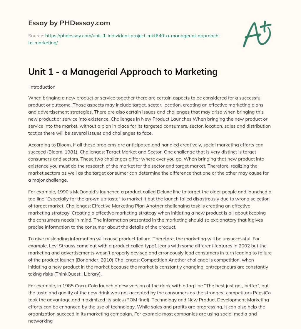 Unit 1 – a Managerial Approach to Marketing essay