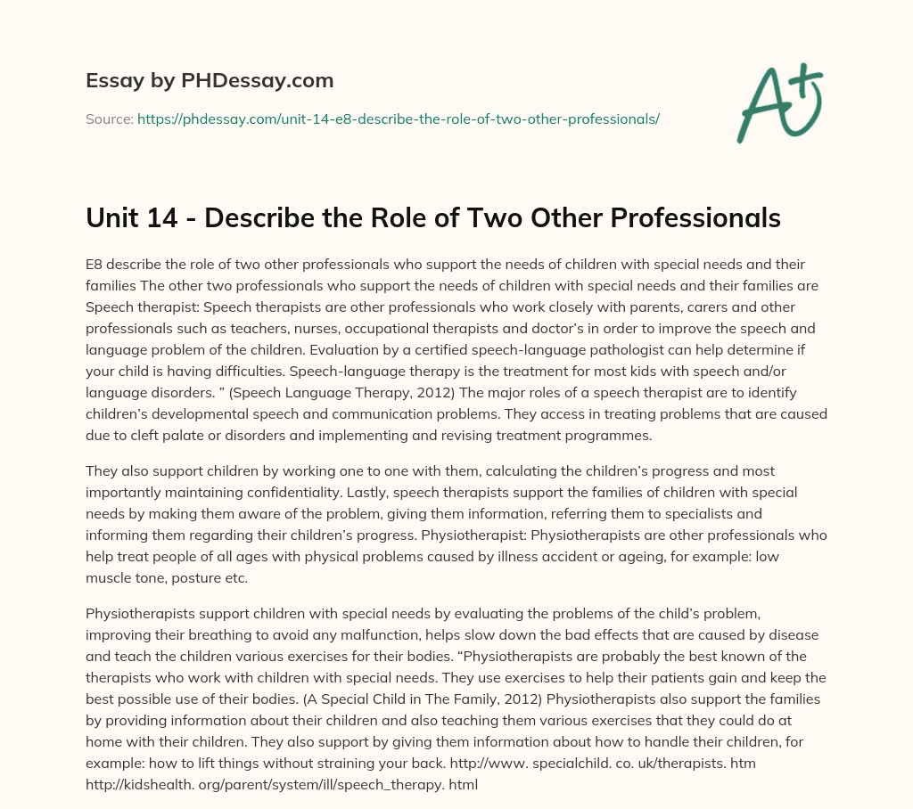 Unit 14 – Describe the Role of Two Other Professionals essay