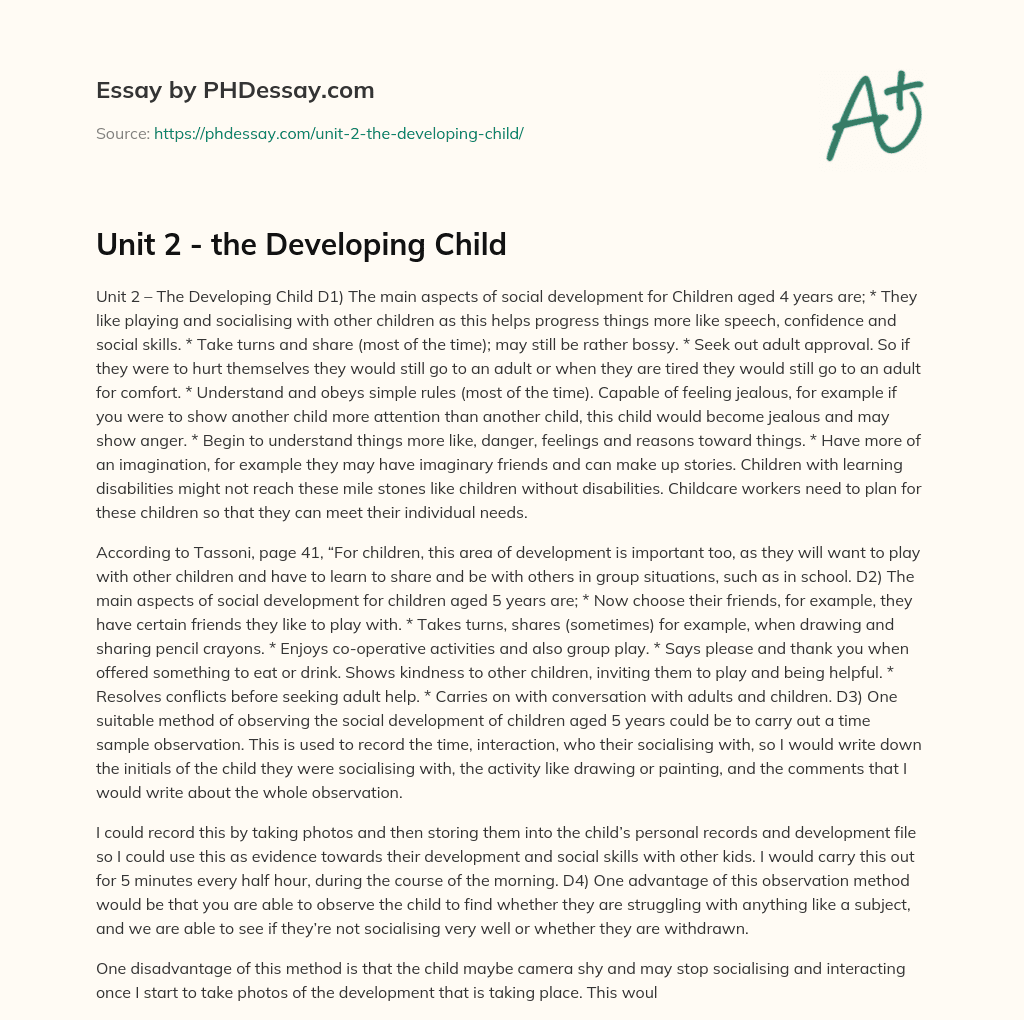 Unit 2 – the Developing Child essay