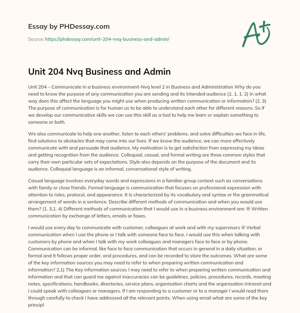 Unit 204 Nvq Business and Admin essay