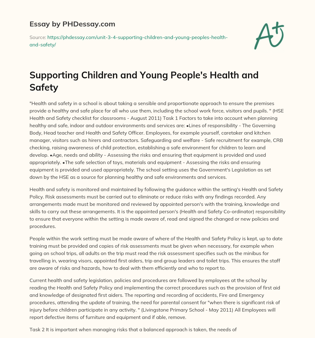 Supporting Children and Young People’s Health and Safety essay