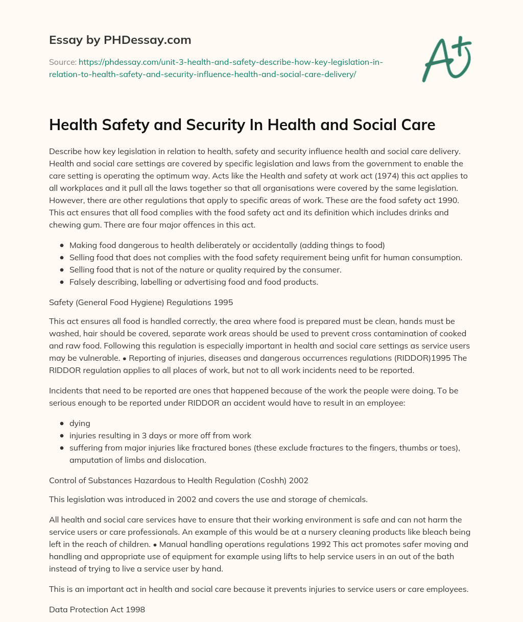 Health Safety and Security In Health and Social Care essay