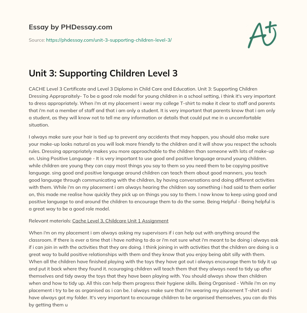 Unit 3: Supporting Children Level 3 essay