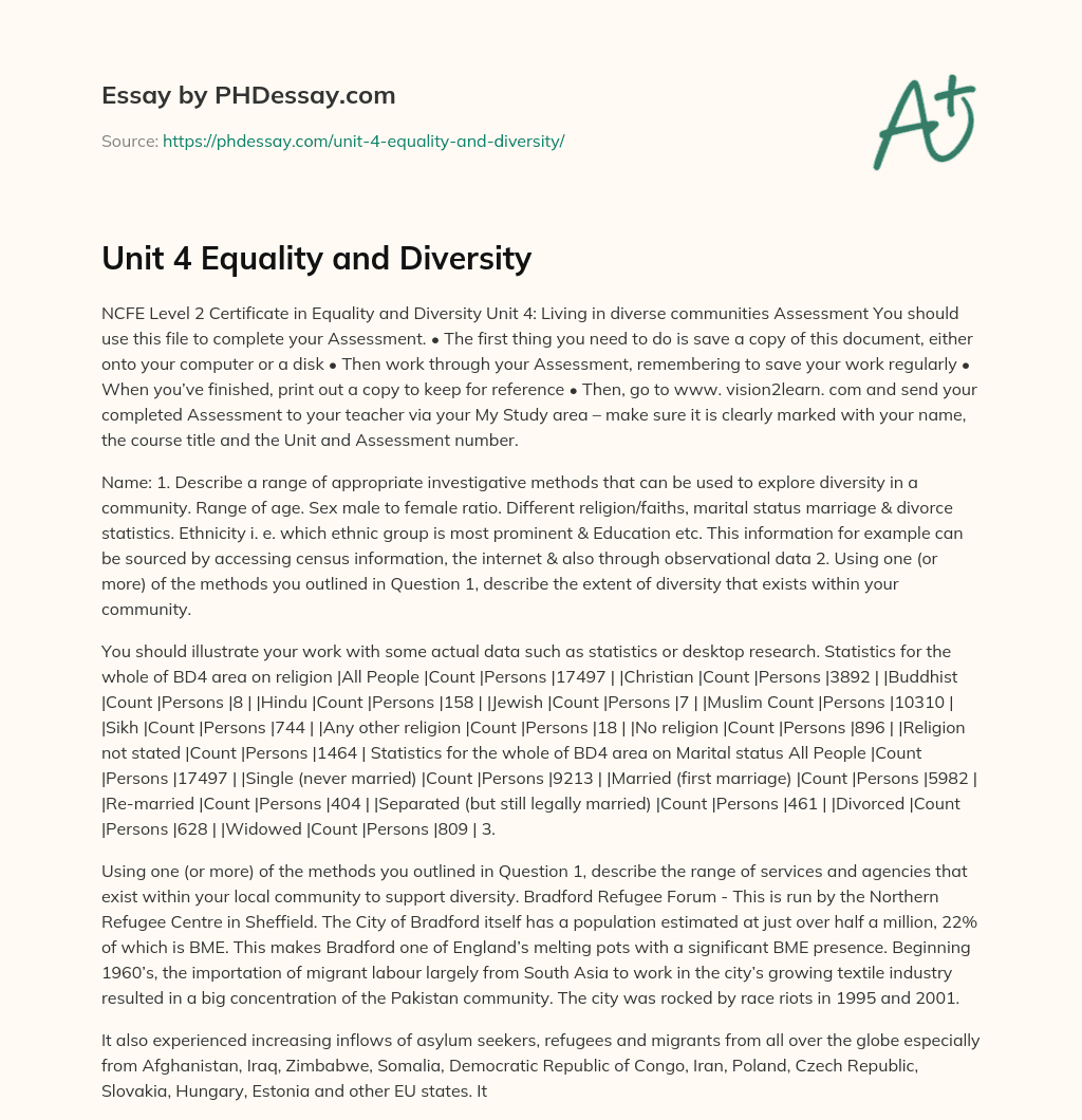 Unit Equality and Diversity: Bradford Ree Forum Efug essay