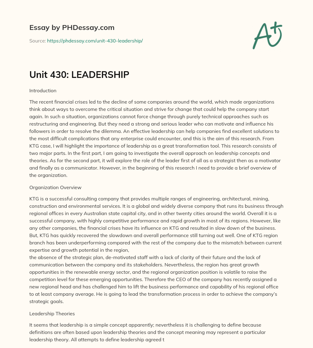 Unit 430: LEADERSHIP essay
