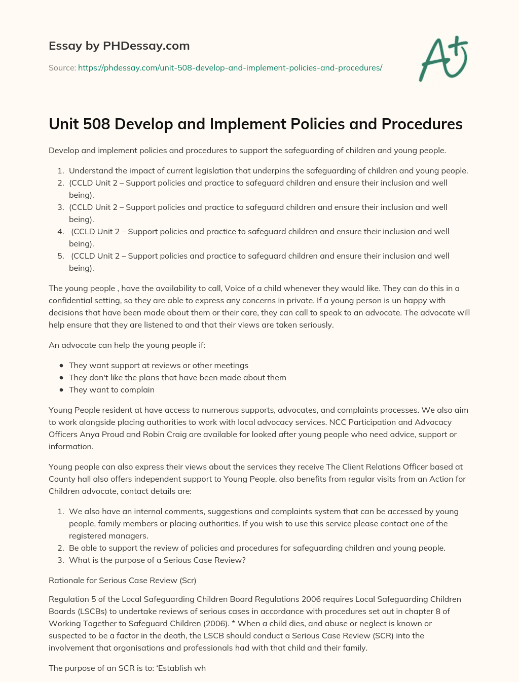 Unit 508 Develop and Implement Policies and Procedures essay