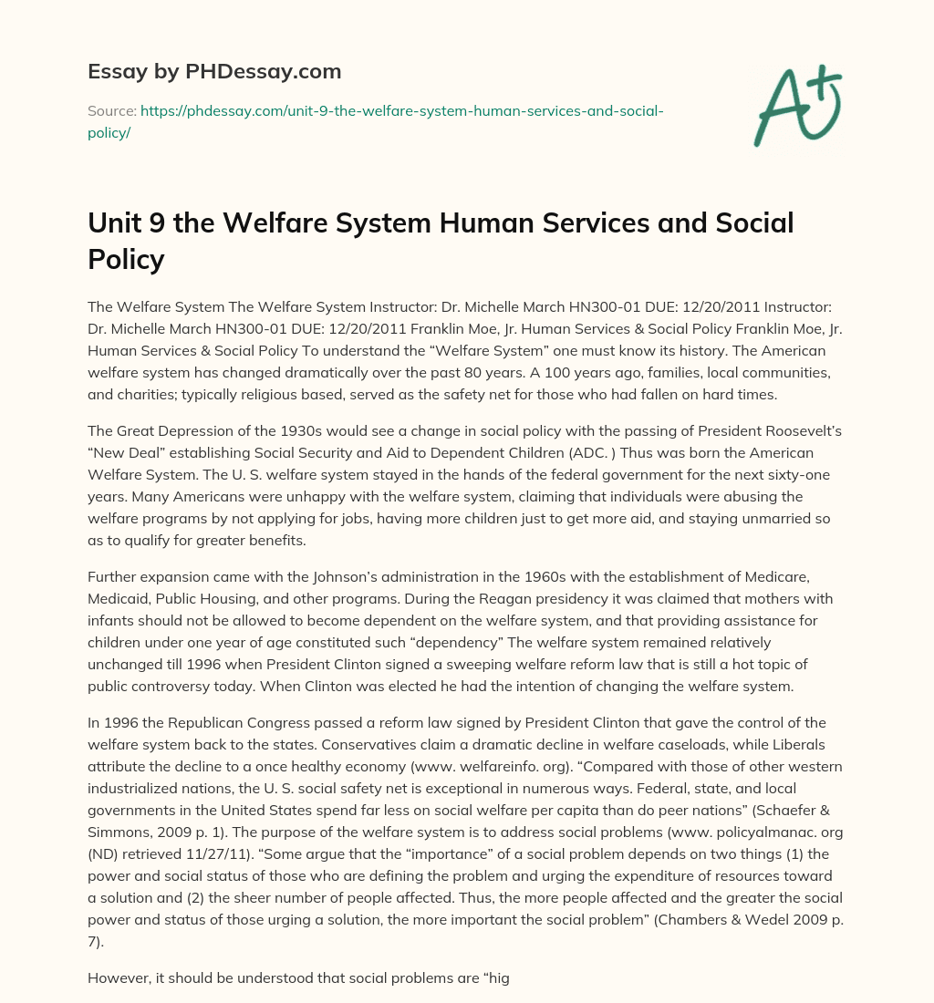 Unit 9 the Welfare System Human Services and Social Policy essay