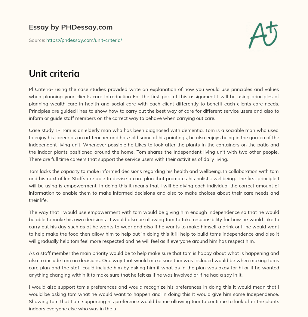 Using Principles and Values for Client Care Planning: Case Study Approach essay