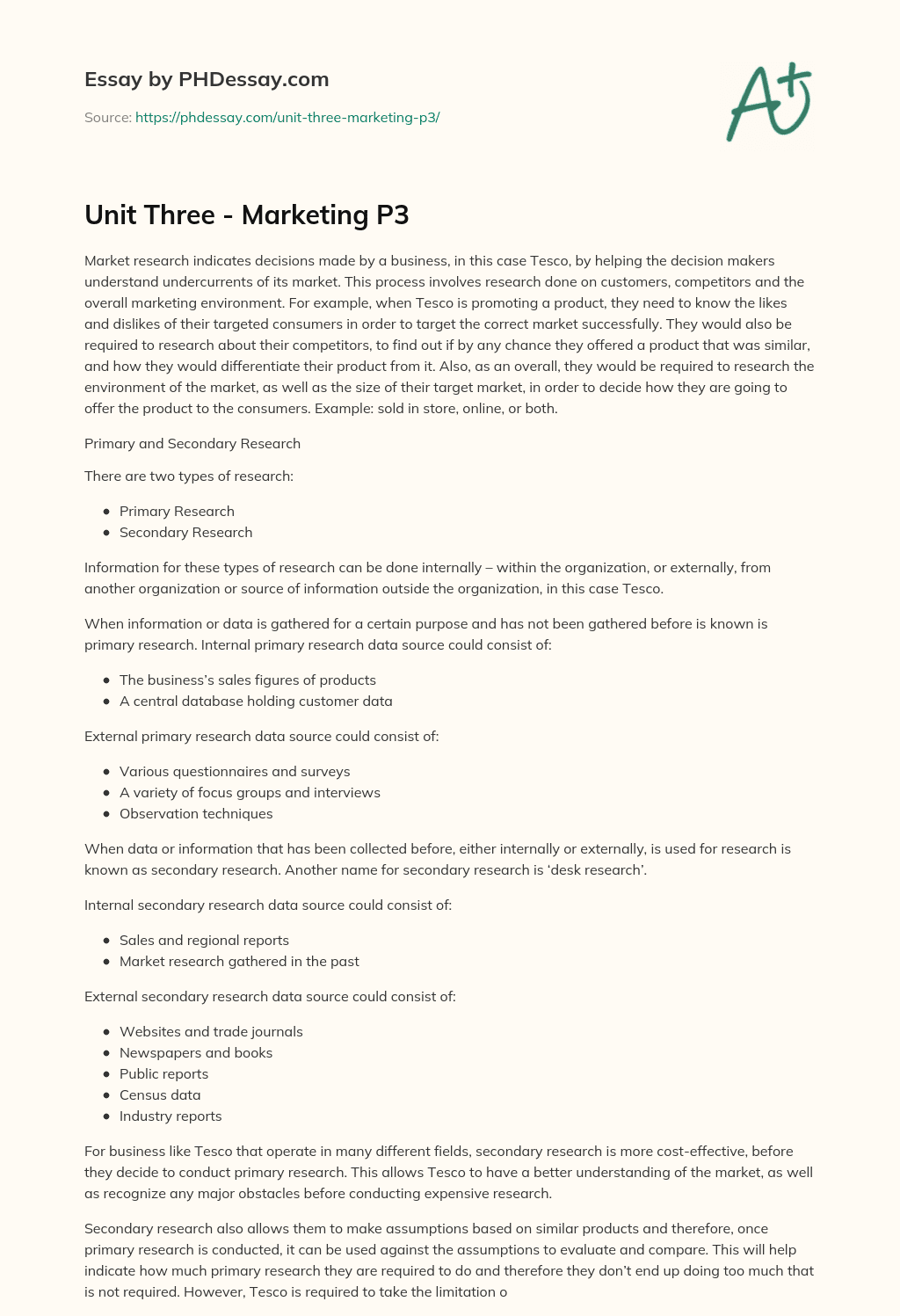 Unit Three – Marketing P3 essay