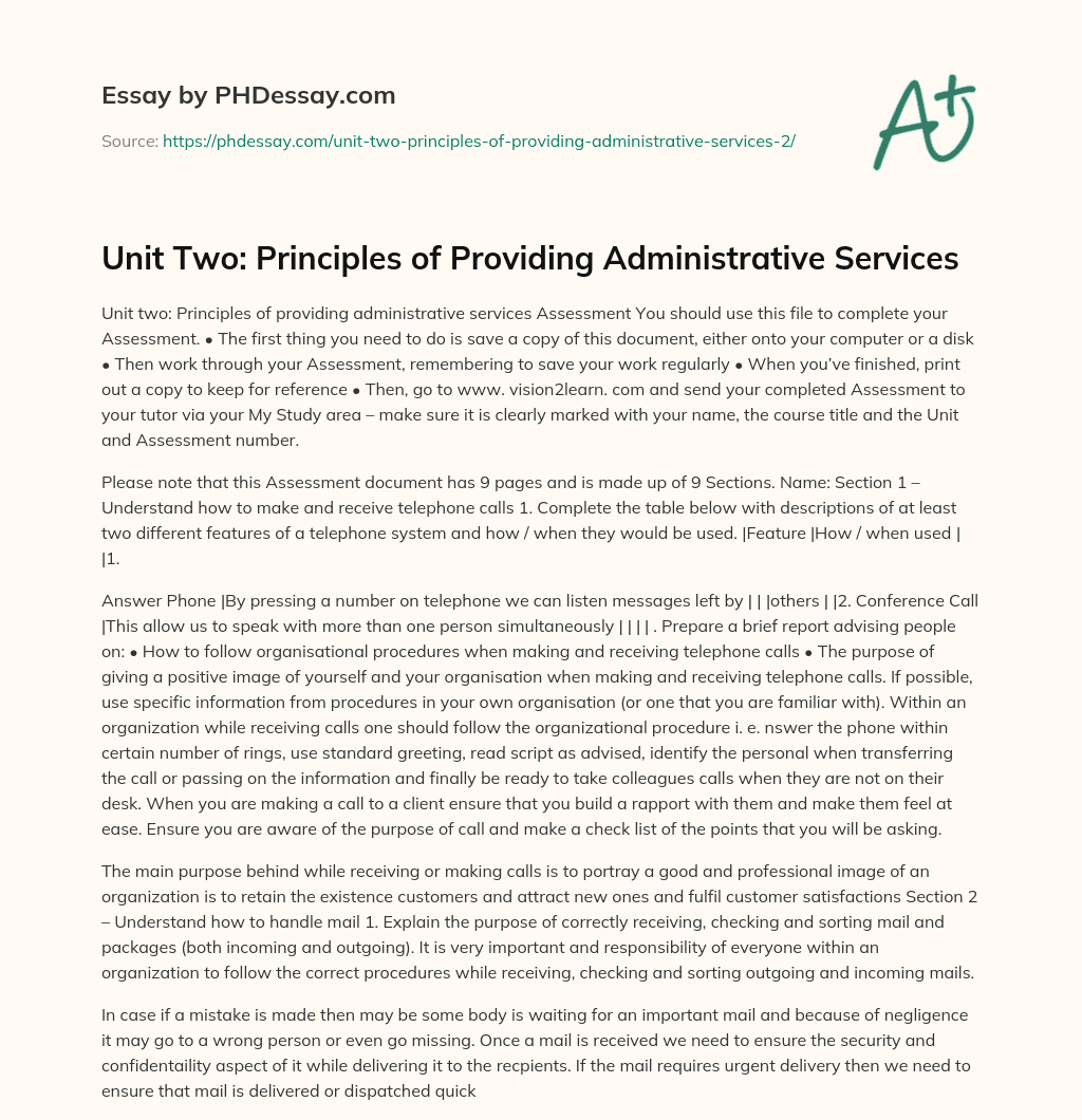 Unit Two: Principles of Providing Administrative Services essay