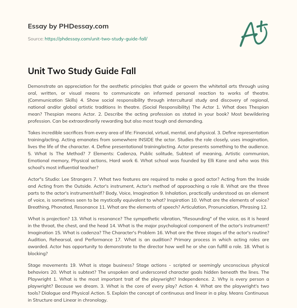 Unit Two Study Guide Fall essay