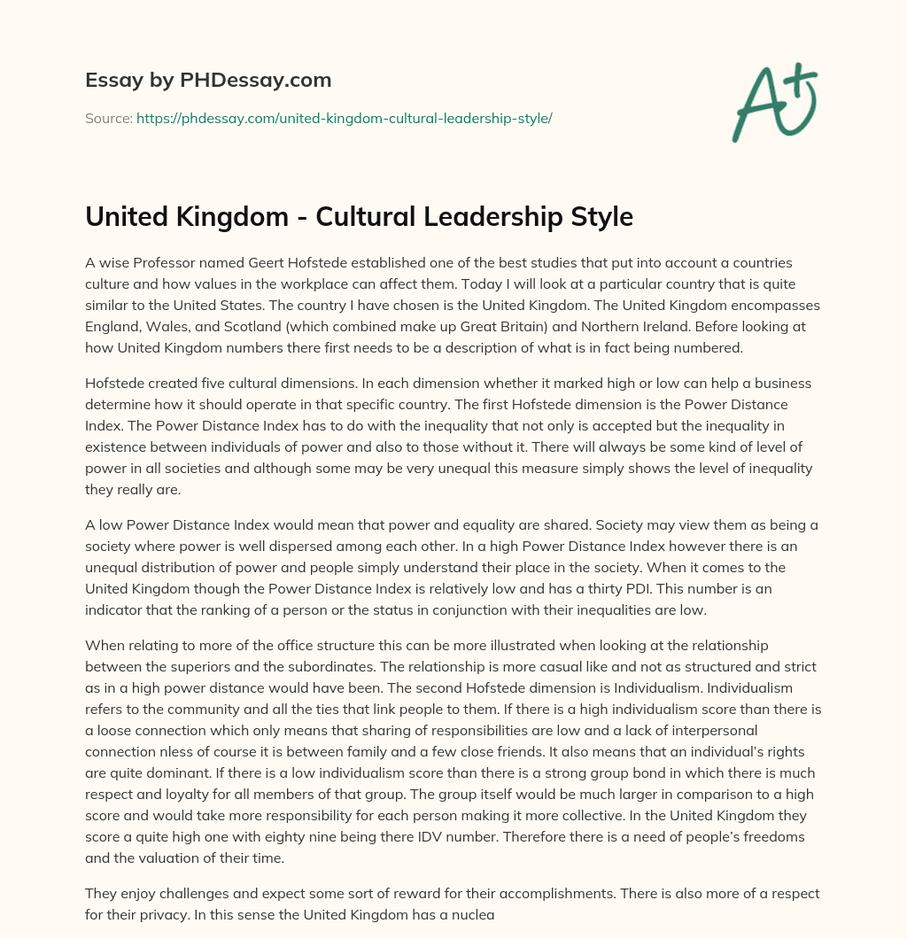 United Kingdom – Cultural Leadership Style essay