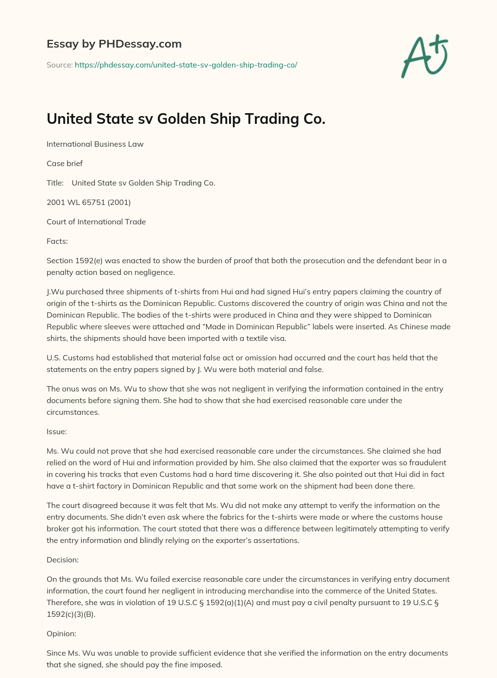 United State sv Golden Ship Trading Co. essay