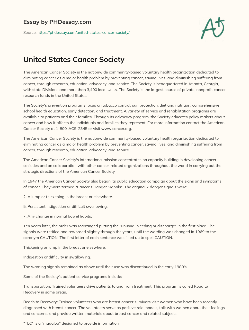 United States Cancer Society essay