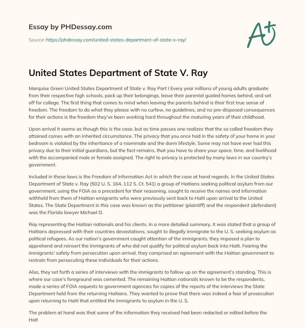 United States Department of State V. Ray essay