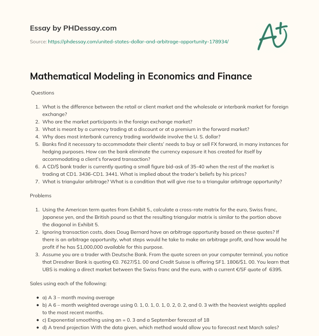 Mathematical Modeling in Economics and Finance essay