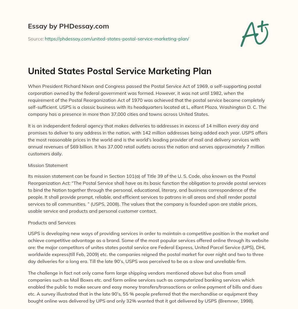 United States Postal Service Marketing Plan essay